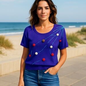 Vintage Textured Knit Short-Sleeve Sweater Abstract Embroidery & 3D Accents